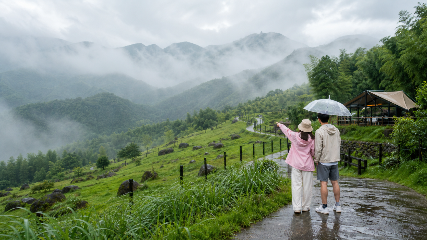雨天安吉山野和草坡